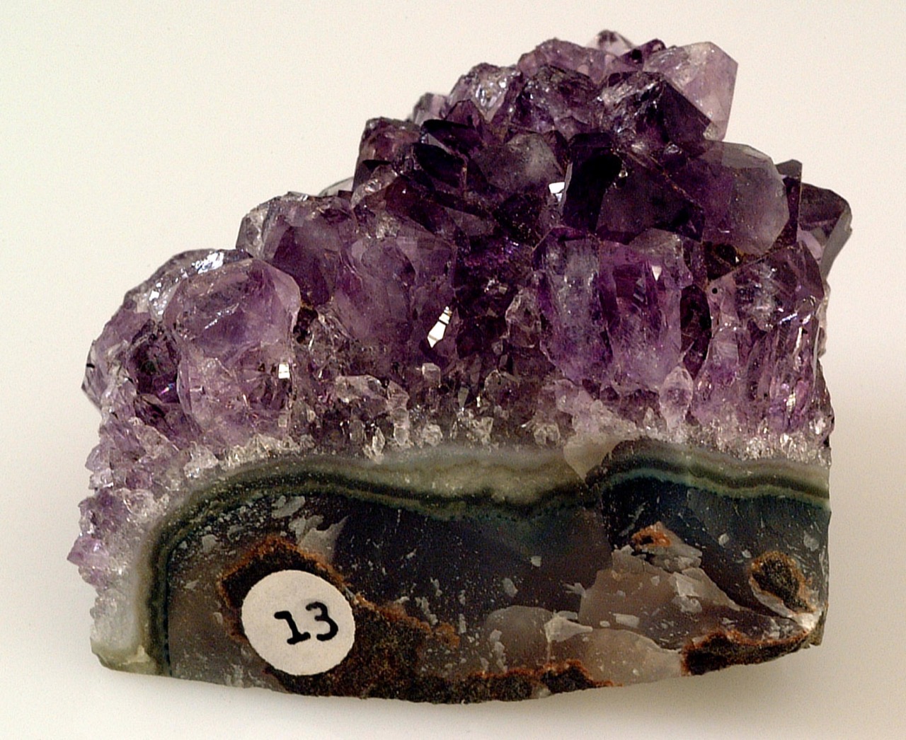 Close-up of a cluster of deep purple amethyst crystals catching the light.