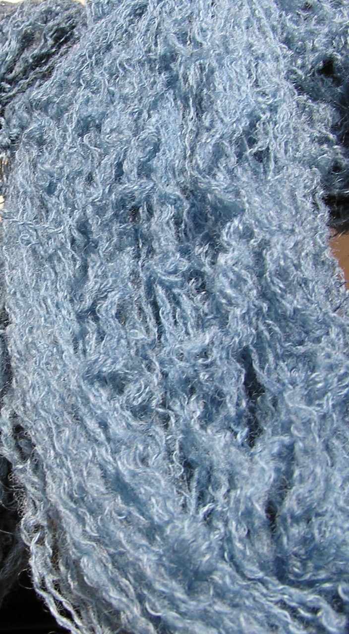 A close-up of pale, muted blue-grey yarn dyed with natural indigo.