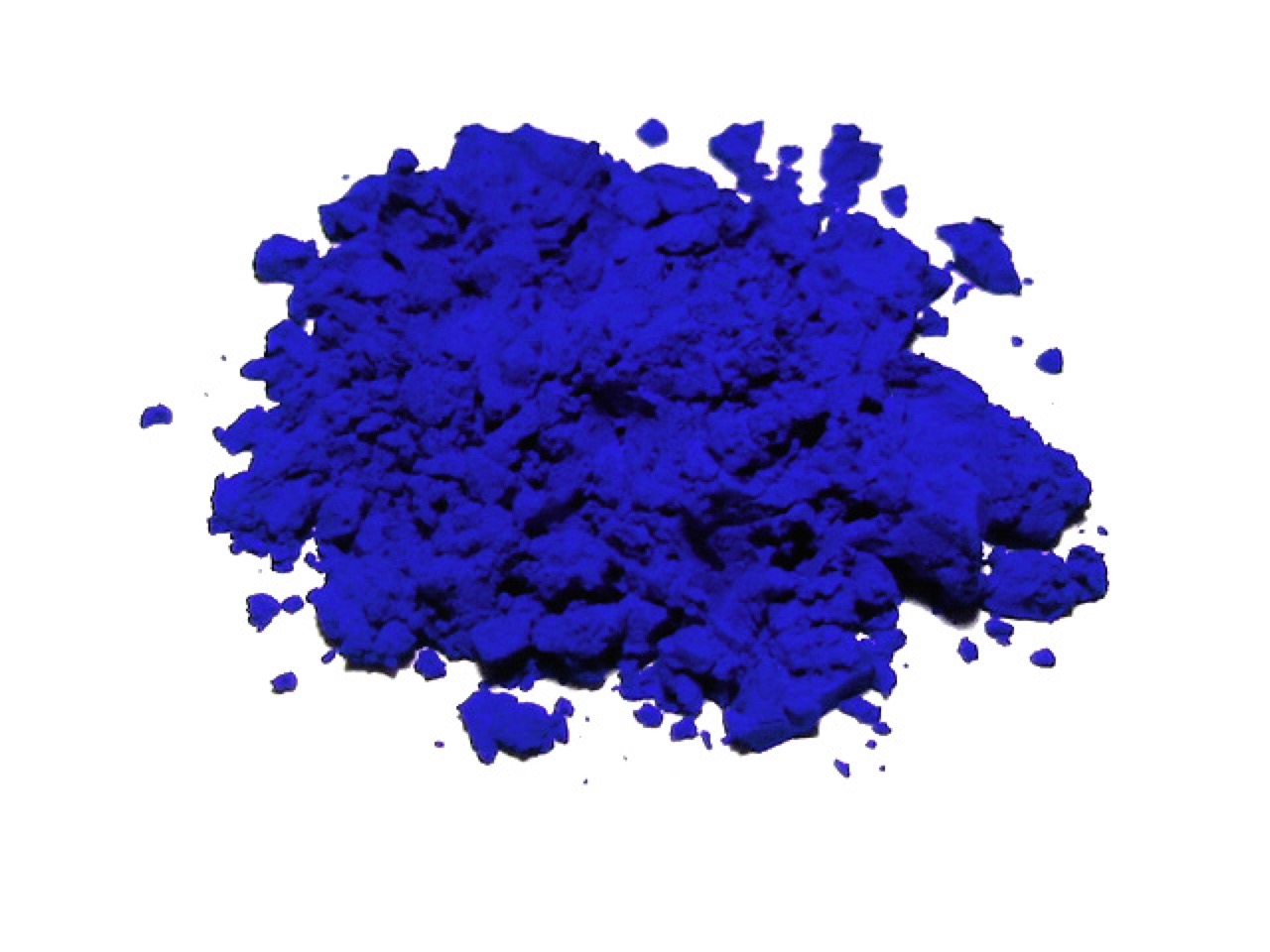 A small pile of deep blue synthetic ultramarine pigment powder on a plain background.