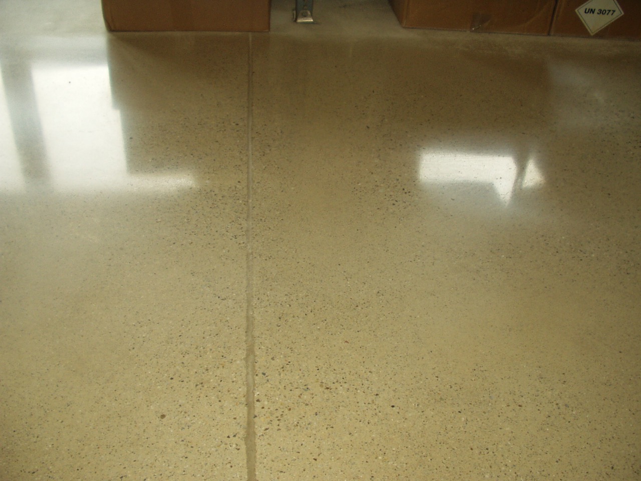 A polished concrete floor with visible aggregate speckling and reflected window light.