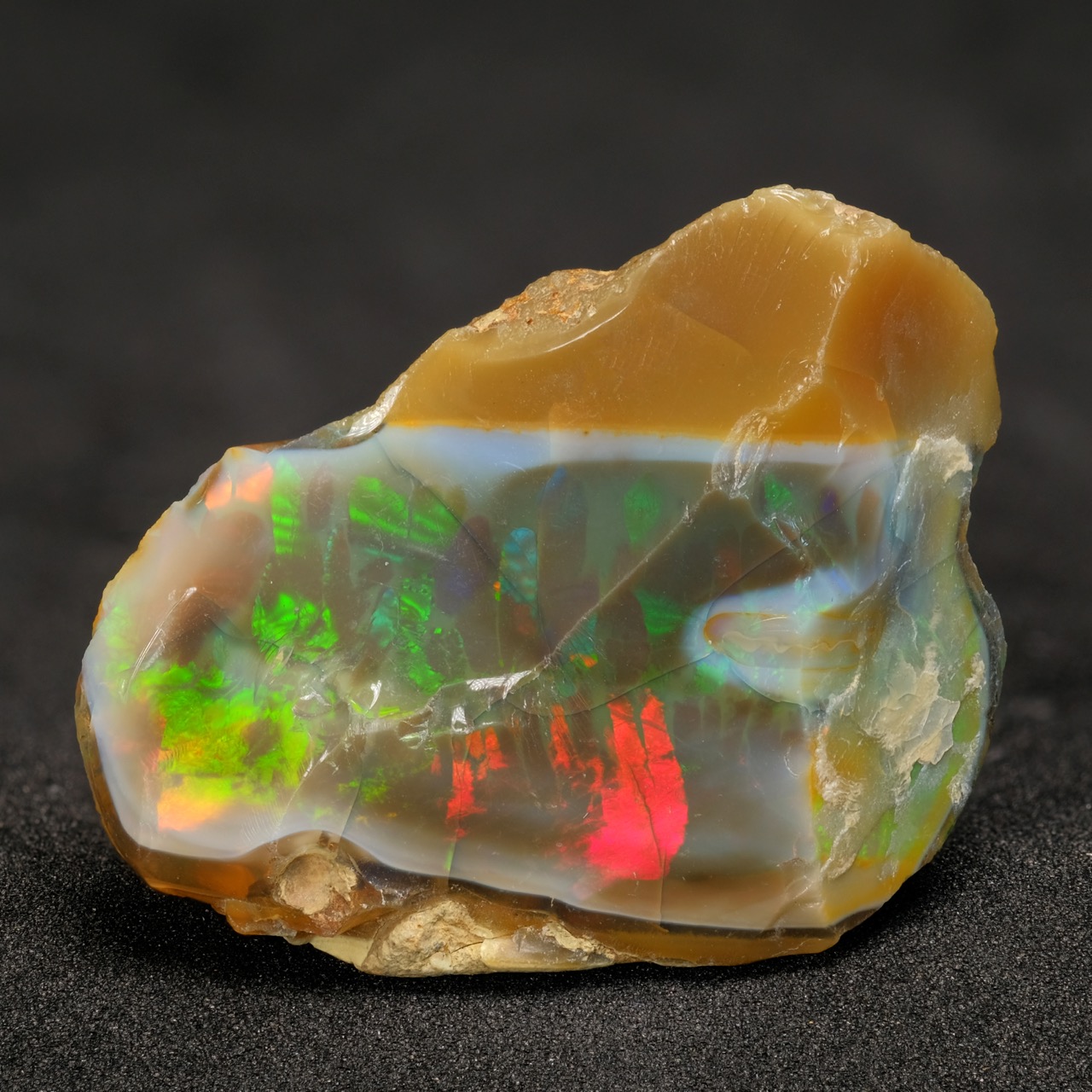 A precious opal specimen showing flashes of red, green and blue against a honey-toned body.